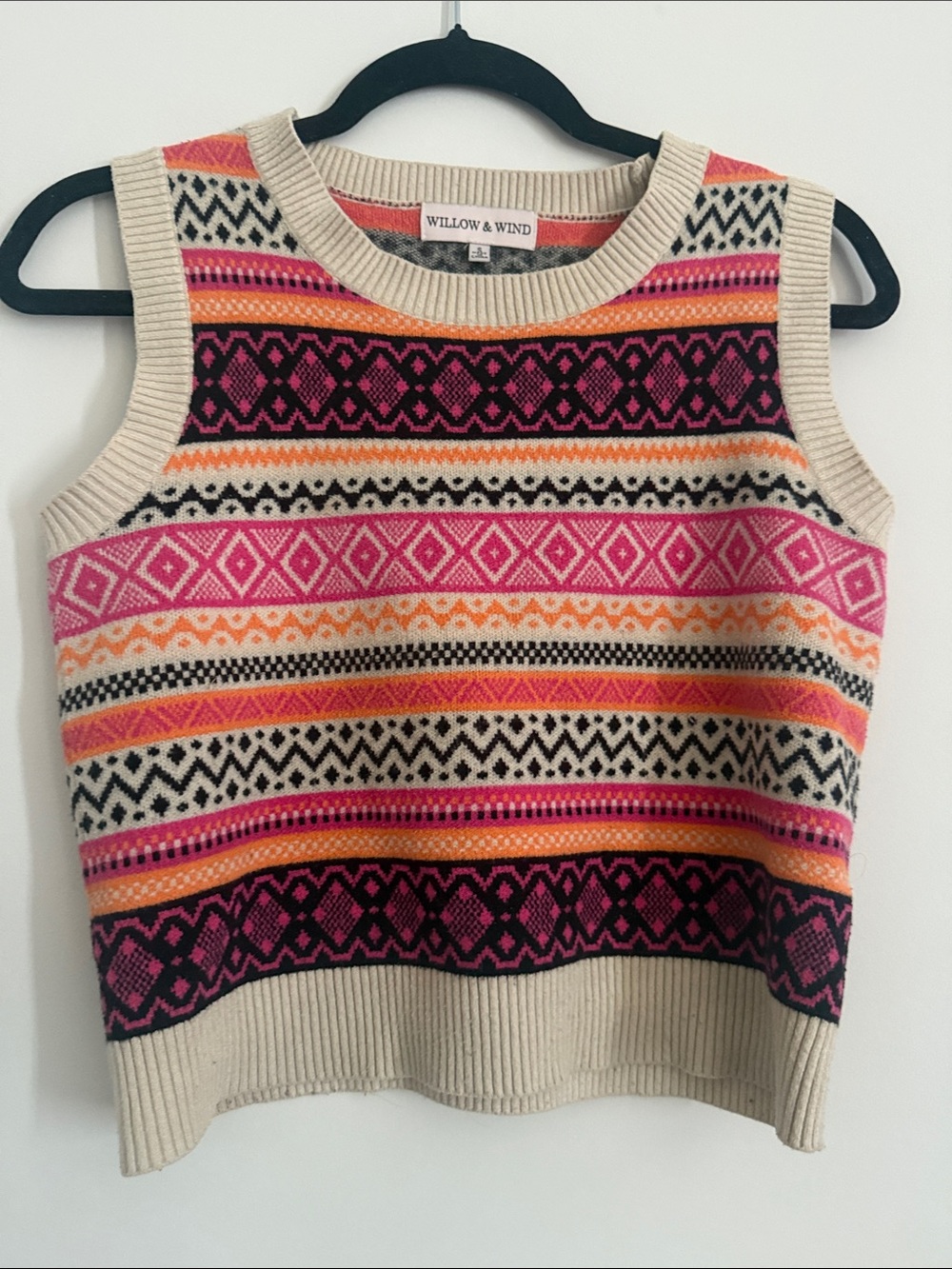 Cream Sleeveless Fair Isle Knit Top with Pink & Orange Accents